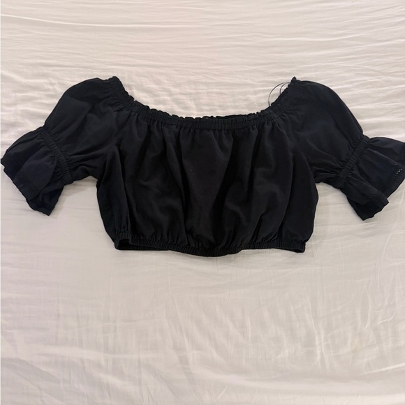 Tory Burch Tops - Tory Burch Black Off Shoulder Ruffled Short Sleeves Cropped top size XL